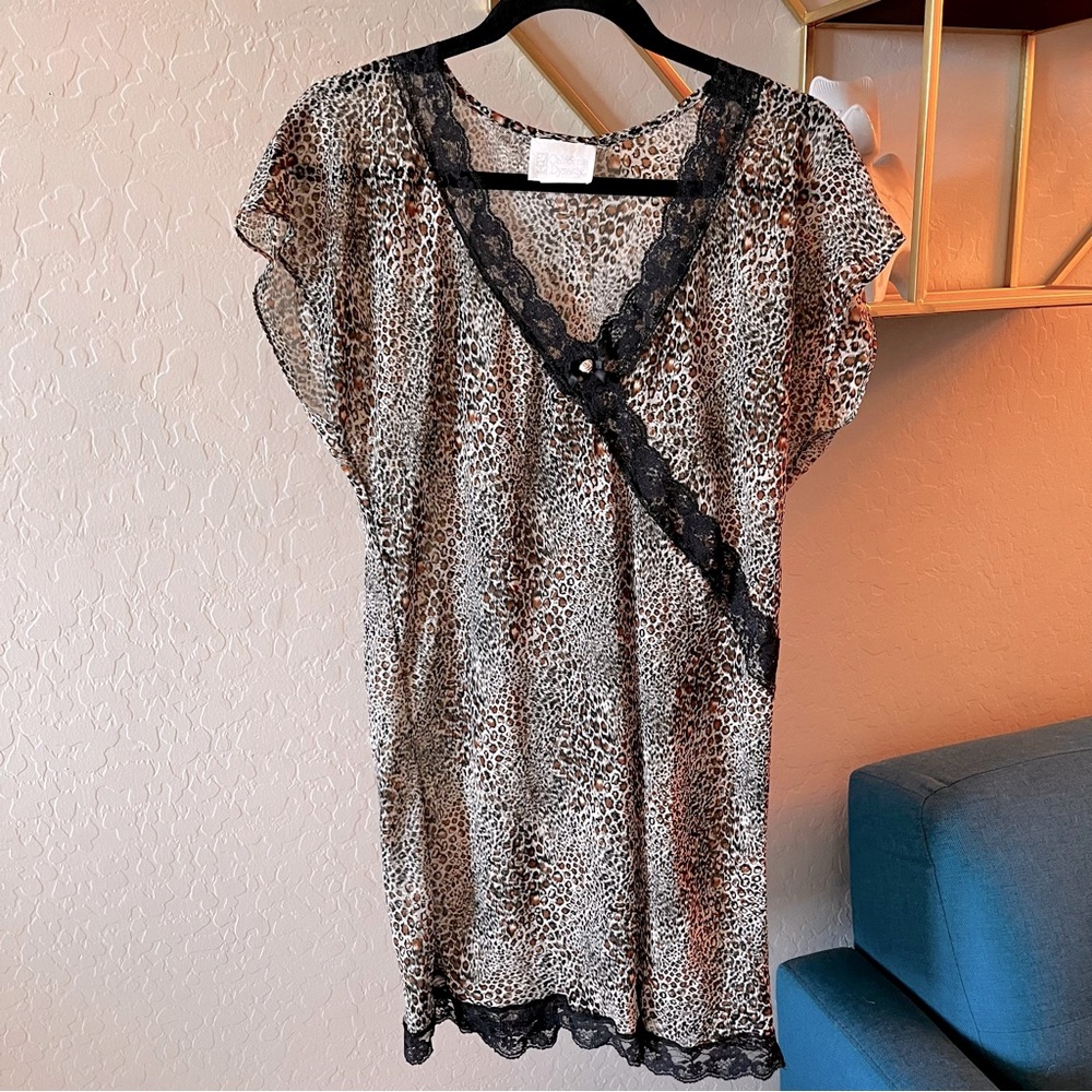 Vintage 90s California Dynasty Leopard Print Lace Trim Sleep Semisheer Dress M